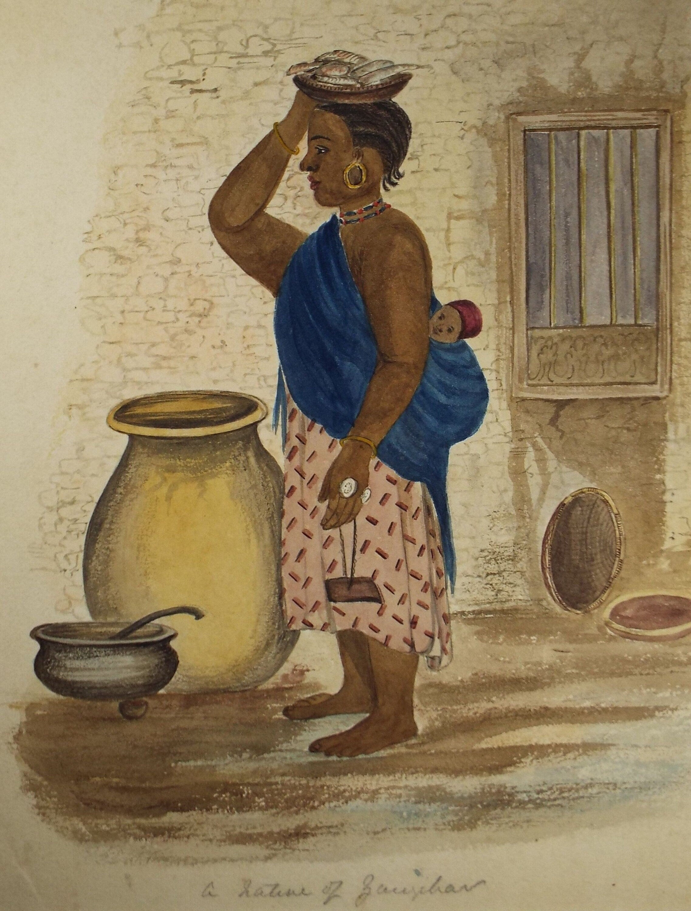 Original Watercolour , 'Woman carrying fish', Early 20th Century, Artist Unknown
