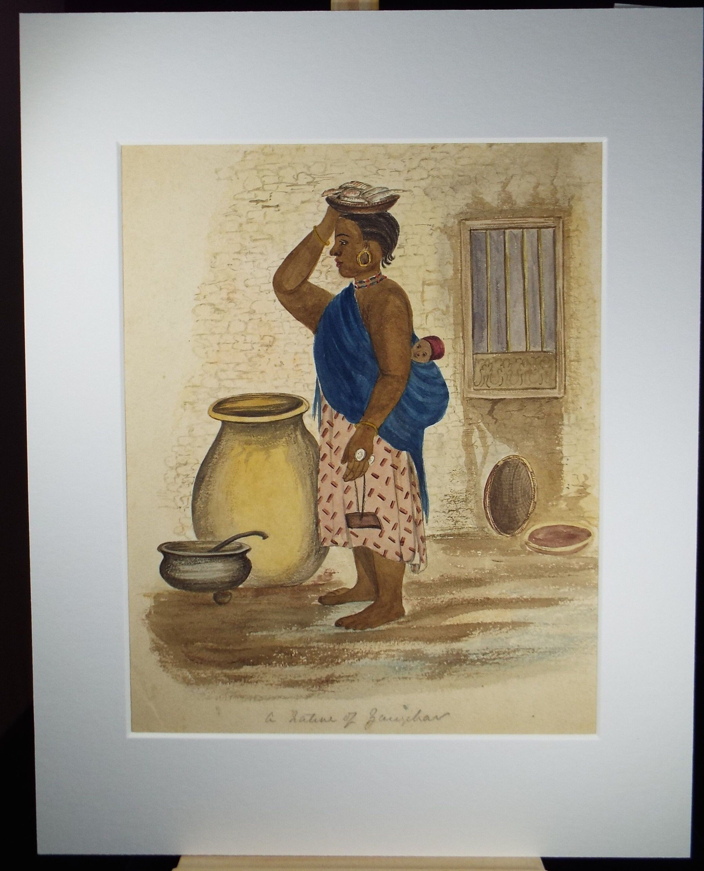 Original Watercolour , 'Woman carrying fish', Early 20th Century, Artist Unknown