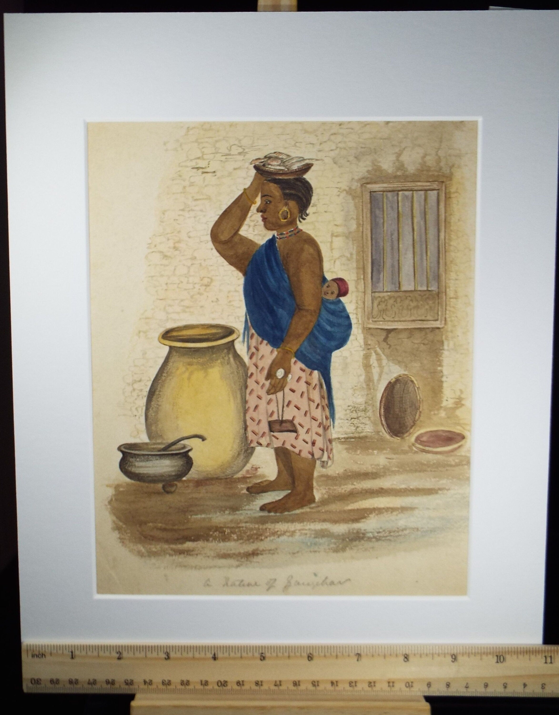 Original Watercolour , 'Woman carrying fish', Early 20th Century, Artist Unknown