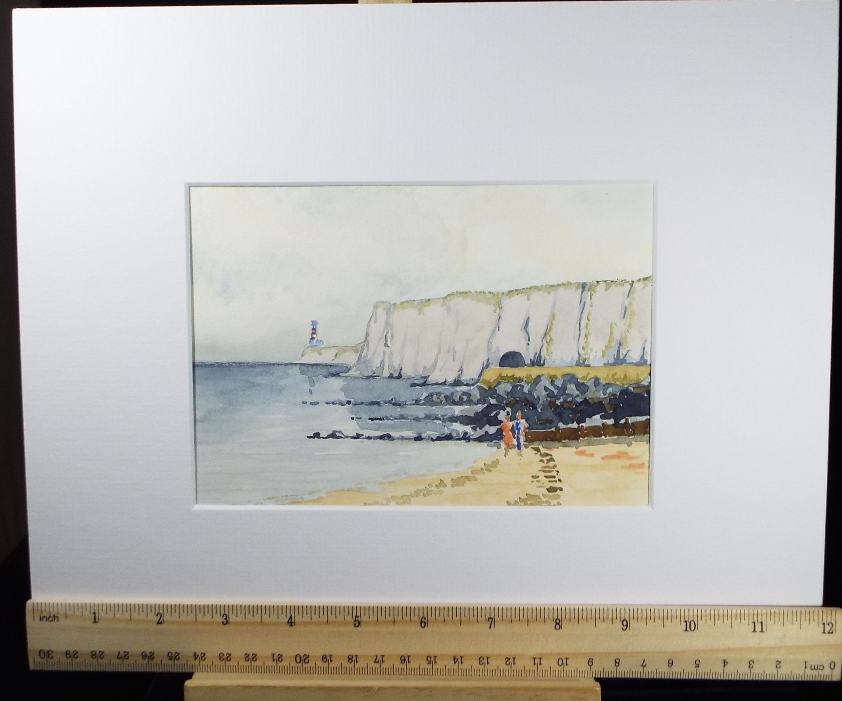 Original Watercolour, 'White Cliffs with distant light house', circa 1990's  Unknown Artist