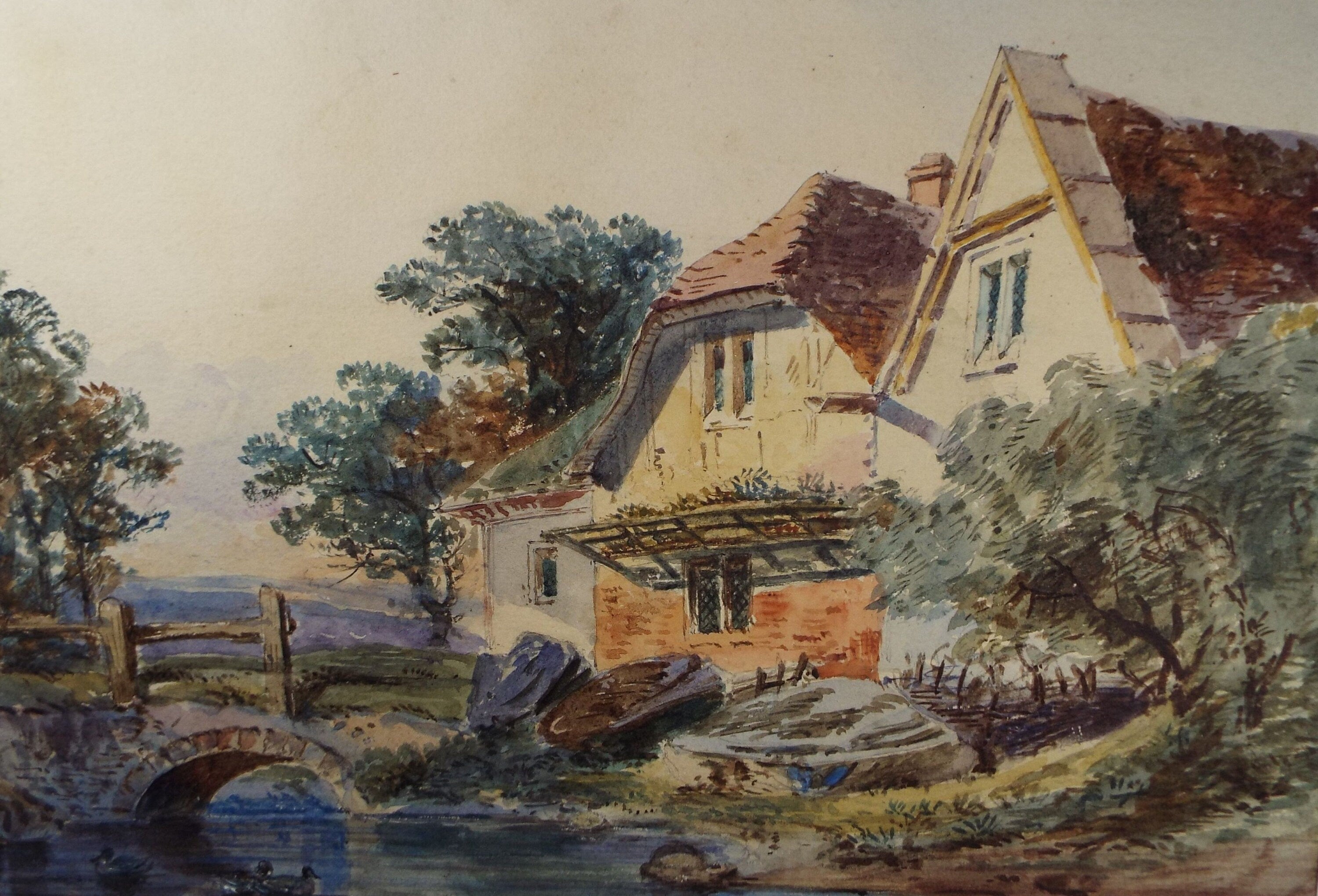 Original Watercolour, 'Cottage by the River', Circa 1930's, Unknown Artist