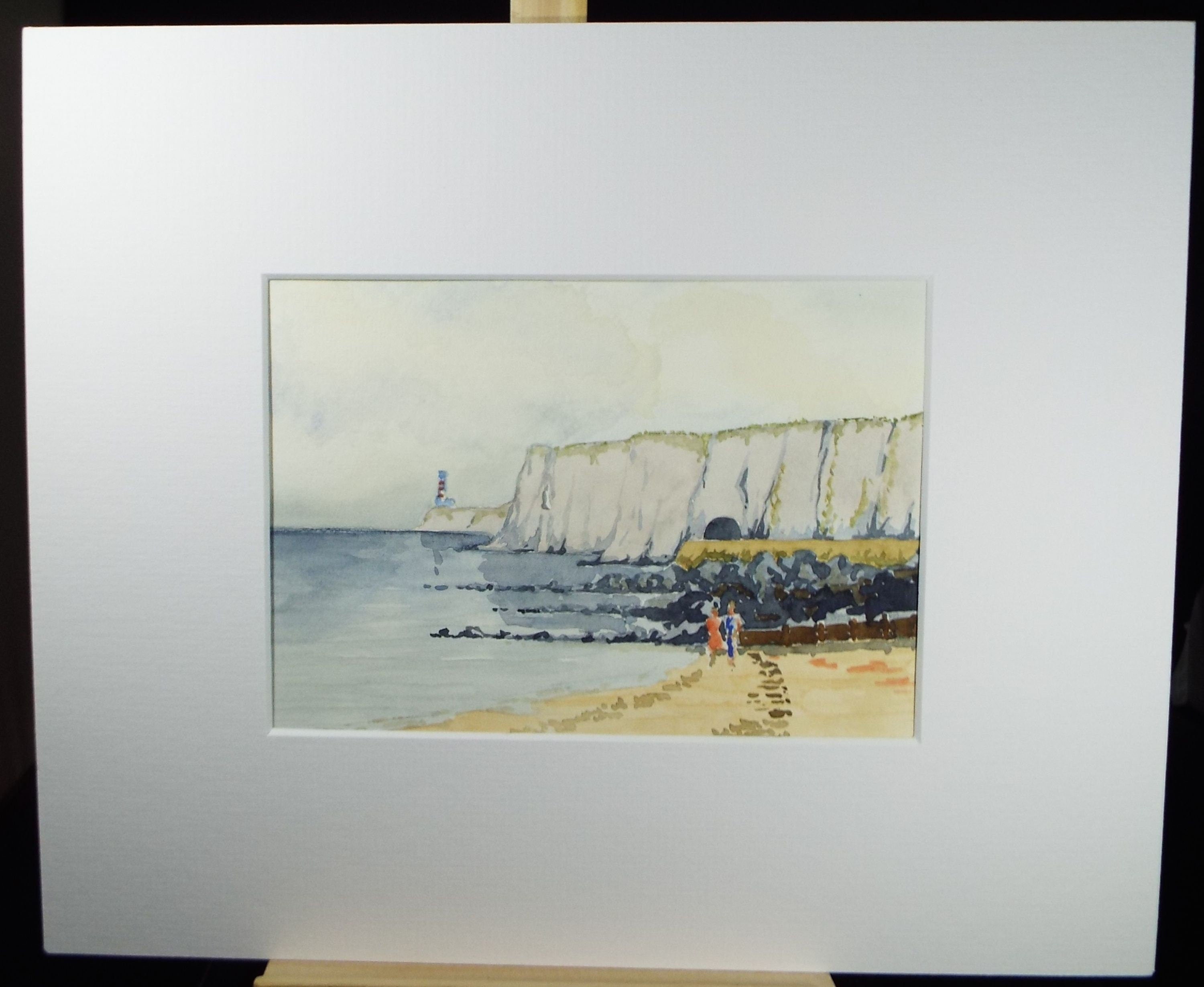 Original Watercolour, 'White Cliffs with distant light house', circa 1990's  Unknown Artist