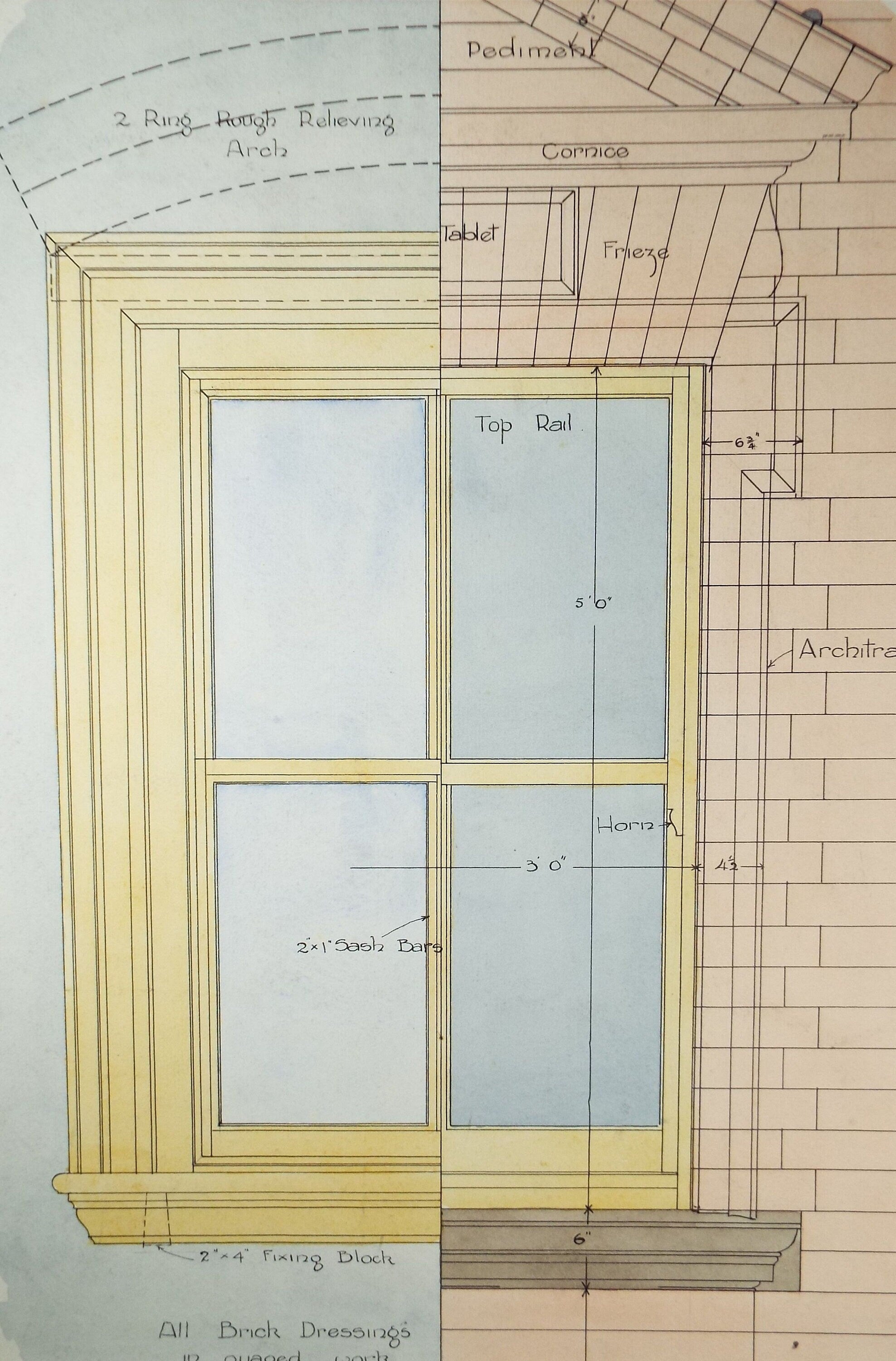 Original Watercolour,'Technical Drawing of a Sash Window', Circa 1930'