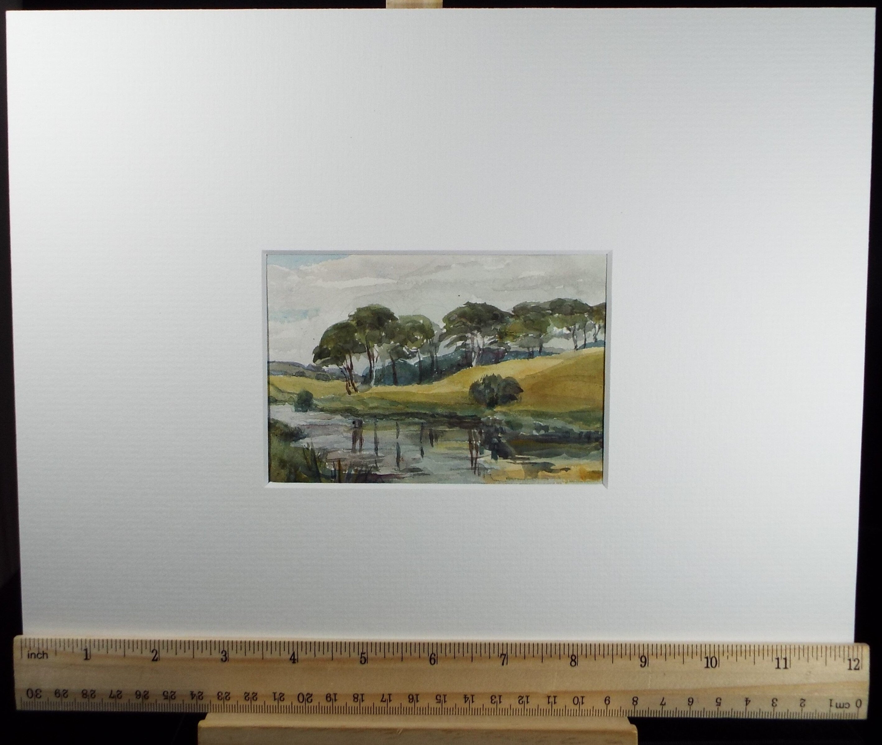 Original Watercolour on Paper, 'Lake with Pine Trees', Circa 1930's , Artist Unknown