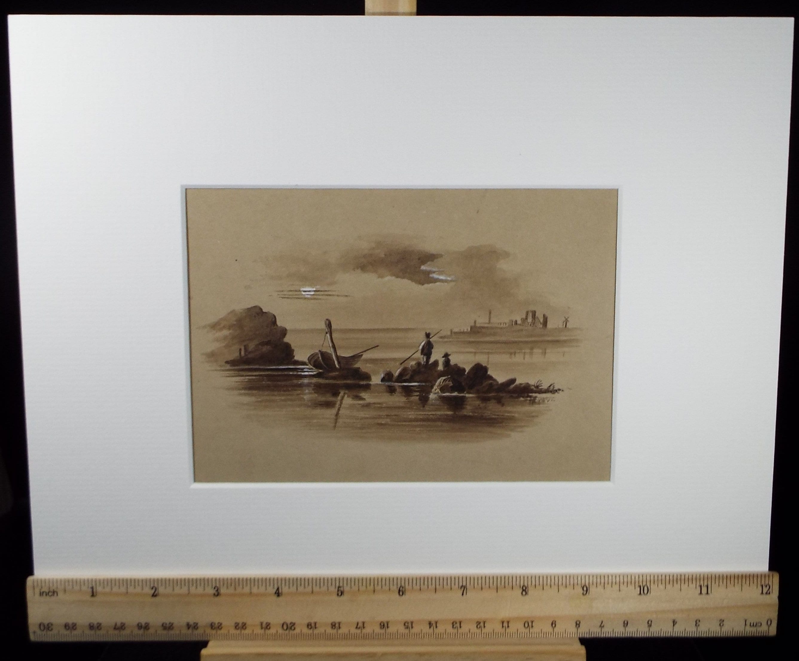 Original Watercolour 'Fishing from the Rocks', Late 19th Century,Artist Unknown