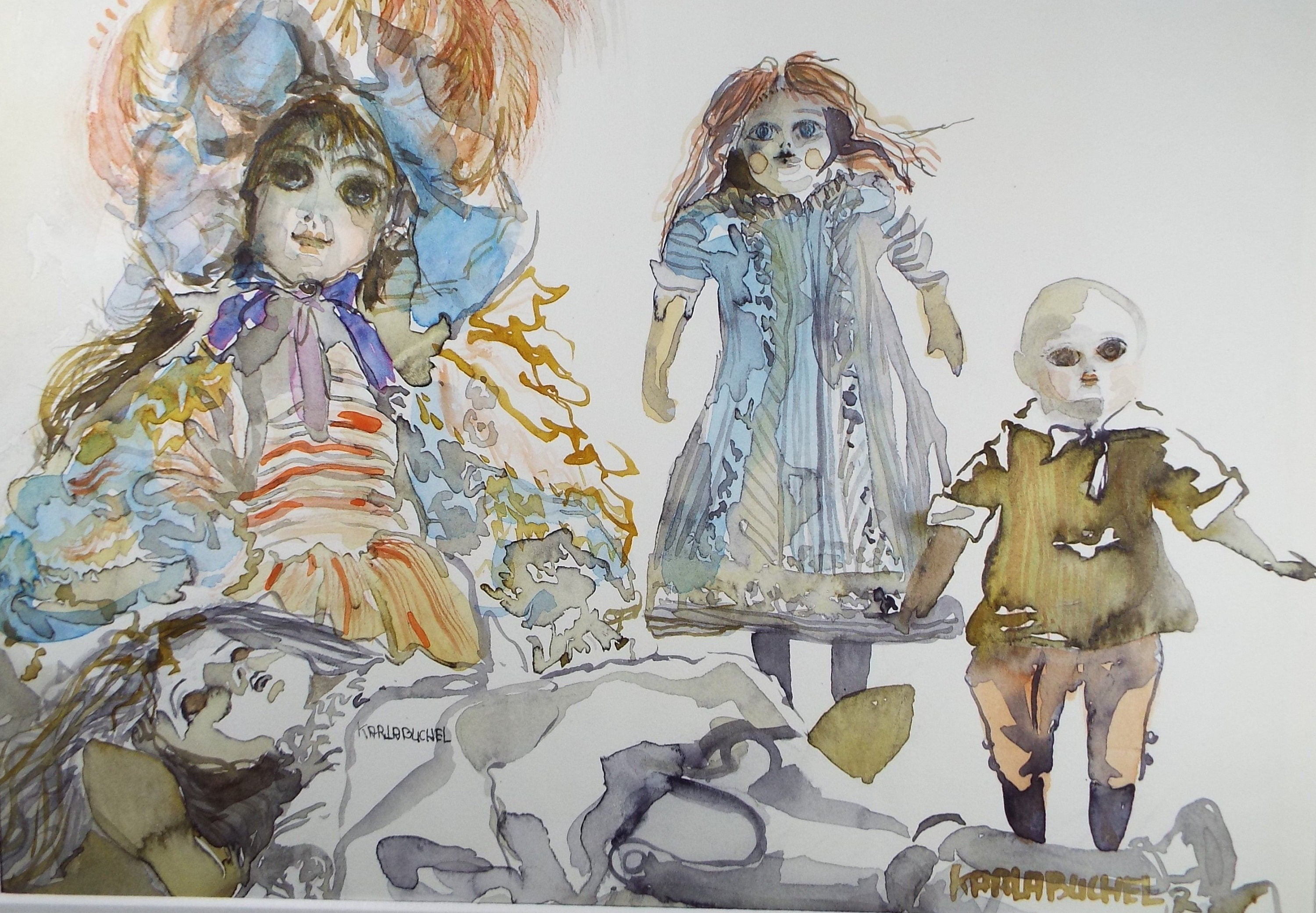 Original Watercolour, 'A Study of Dolls', c1990s, Karla Buchel (b1933), Dutch School