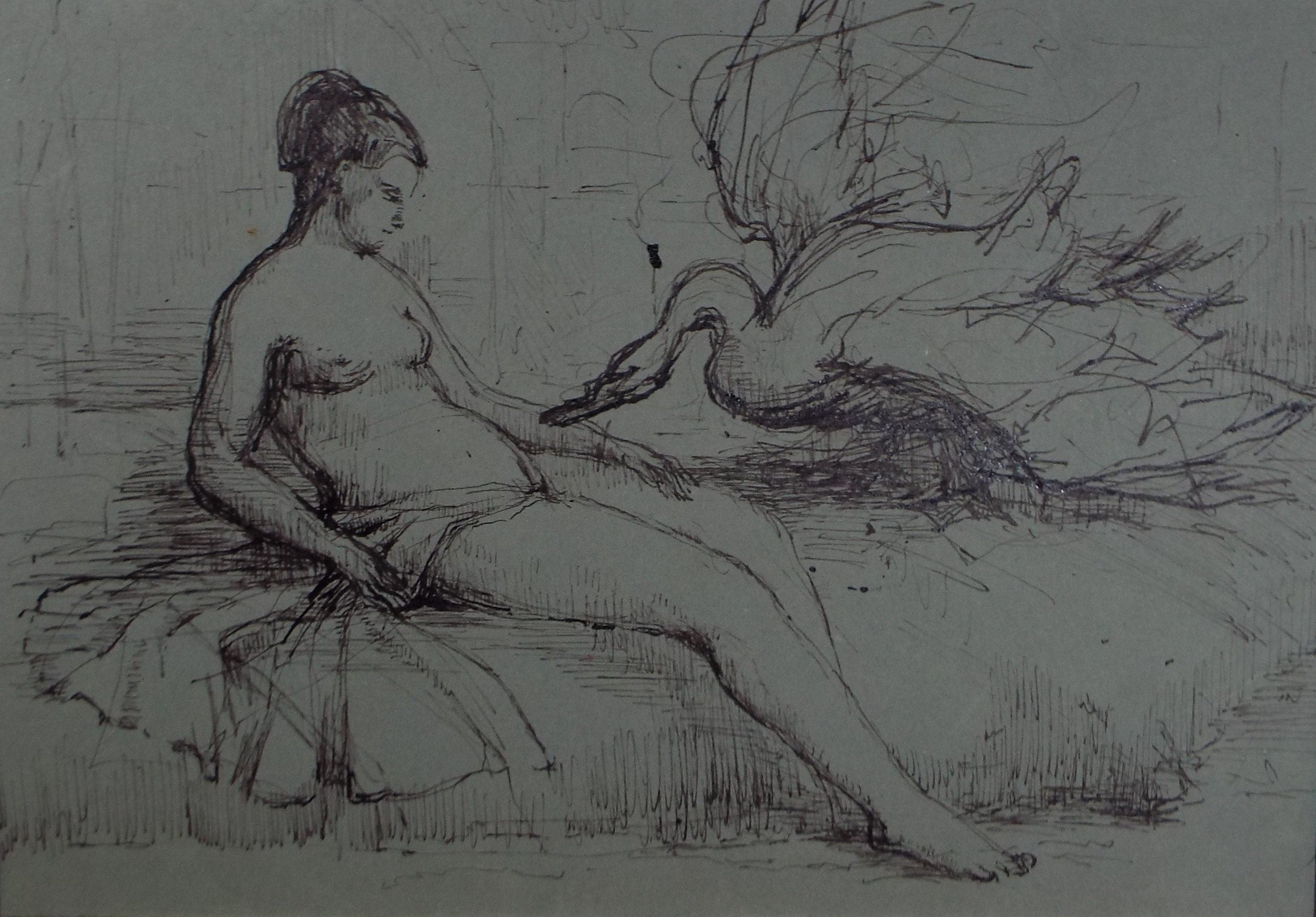 Original Pen & Ink Sketch,'Leda and the Swan, Circa 1950, Hilda Burford (1887-1957)