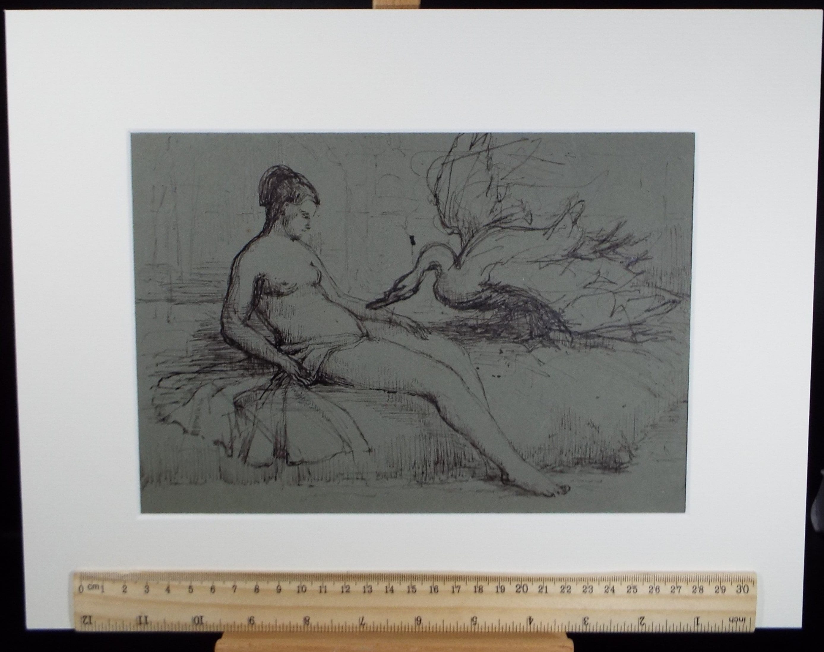Original Pen & Ink Sketch,'Leda and the Swan, Circa 1950, Hilda Burford (1887-1957)